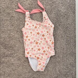 Girls' Pink Star-Print One-Piece Swimsuit with Tie Straps